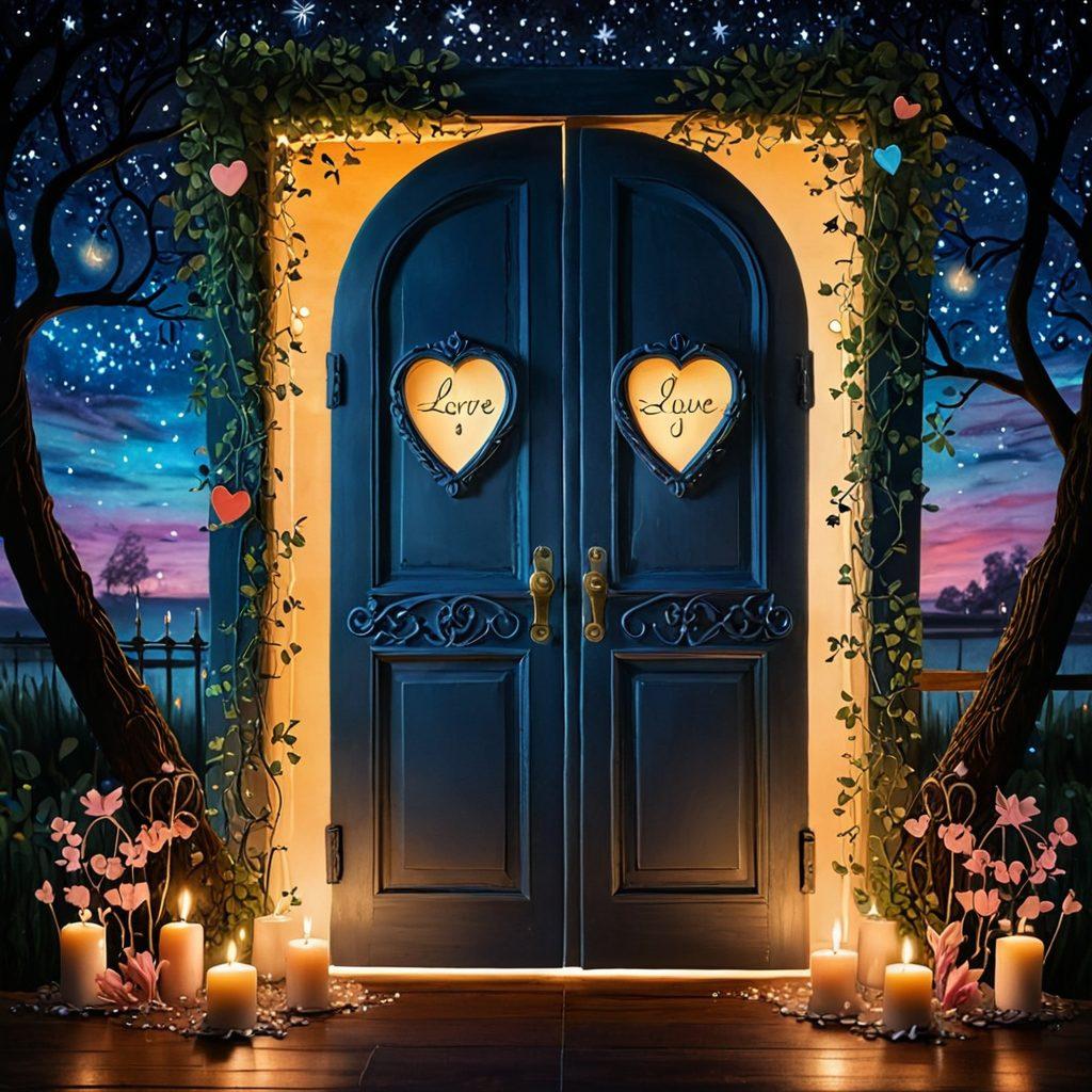 A heart-shaped key unlocking a whimsical door adorned with vine-covered love letters and glowing candles, symbolizing the journey to intimacy. In the background, silhouettes of couples sharing tender moments under a starry sky, evoking connection and passion. The scene is painted in soft pastels with warm, inviting light. dreamy. vibrant colors. romantic style.