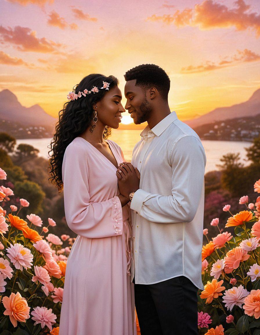 A heartwarming scene depicting two individuals from different backgrounds, radiating genuine love and connection, surrounded by symbolic elements like intertwined hearts, blossoming flowers, and soft, glowing light. The background features a dreamy sunset, emphasizing warmth and emotional depth, inviting viewers to feel the essence of soulmate connections. super-realistic. warm colors. ethereal lighting.