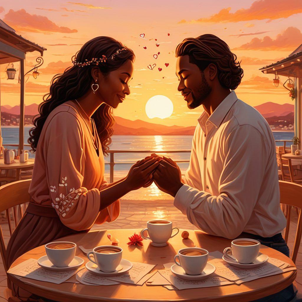 An illustration of a diverse couple sharing a heartwarming moment, surrounded by symbols of connection like intertwined hands, hearts, and meaningful quotes. In the background, a gentle sunset casts warm colors, evoking an intimate atmosphere. Include elements like a cozy café table with two cups of coffee and soft lighting to enhance the romantic vibe. vector art. warm colors. subtle background.